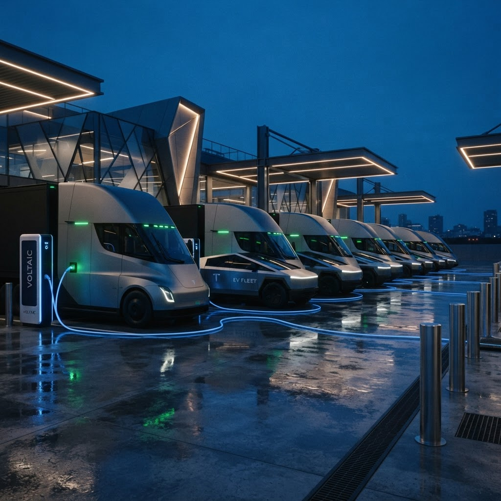 A fleet of electric trucks charging at a modern depot
